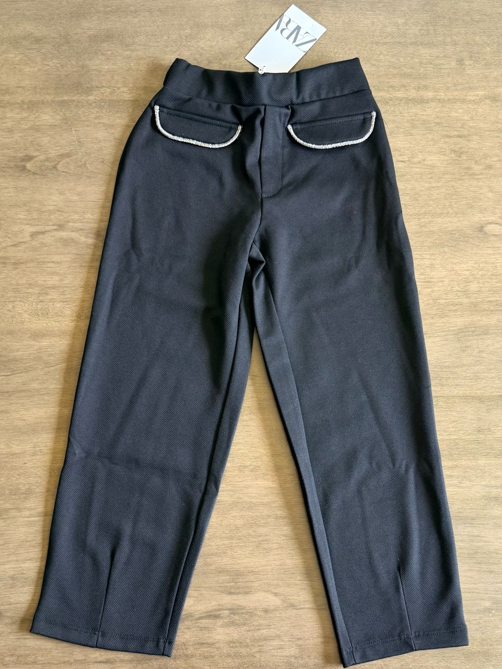 Zara Black Straight-Leg Ponte Pants with Silver Trim